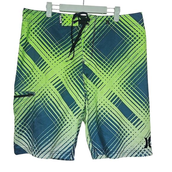 Hurley green and yellow patterned board shorts Men's size 34 swim drawstring - Picture 1 of 5